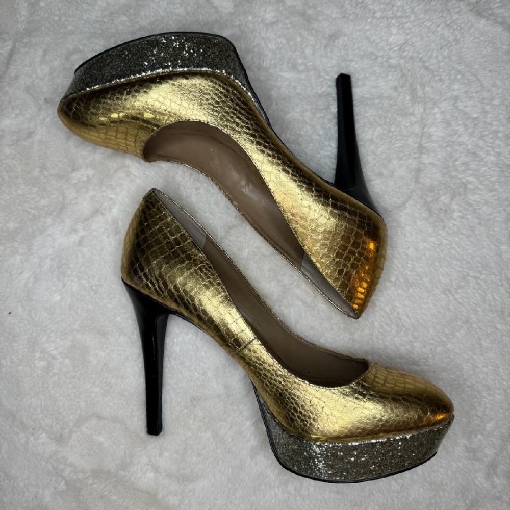 BCBG Generation Gold and Black Platform Heels